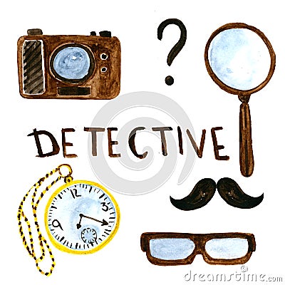 Watercolor detective set for finding criminals evidence. Stock Photo