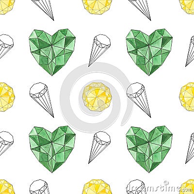 Watercolor diamonds seamless pattern. Multicolor hand drawn jewelry texture with white background. vector illustration Vector Illustration