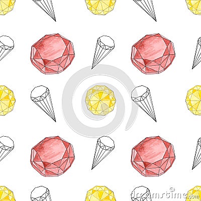 Watercolor diamonds seamless pattern. Multicolor hand drawn jewelry texture with white background. vector illustration Vector Illustration