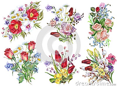 Watercolor different bouquet on white background. Set illustration. Cartoon Illustration