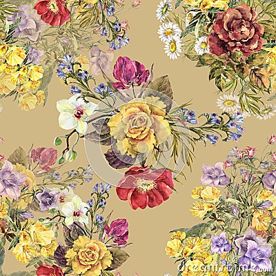 Watercolor different bouquets flowers on a beige background. Stock Photo