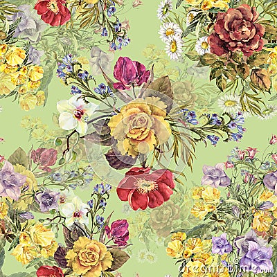 Watercolor different bouquets flowers on a light green background. Stock Photo