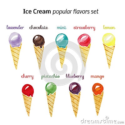 Watercolor different ice cream flavors set Stock Photo