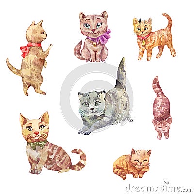 Watercolor cats. Cute pets illustration. Cartoon Illustration