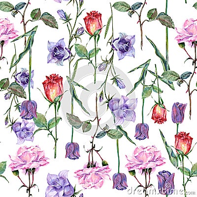 Watercolor different meadow flowers. Floral seamless pattern for design. Stock Photo