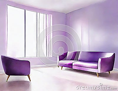 Watercolor of Digital lilac living room with abstract concept Stock Photo