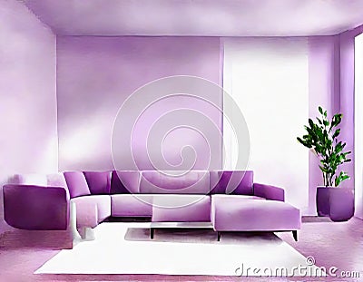 Watercolor of Digital lilac living room with abstract concept Stock Photo