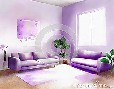 Watercolor of Digital lilac living room with abstract concept Stock Photo