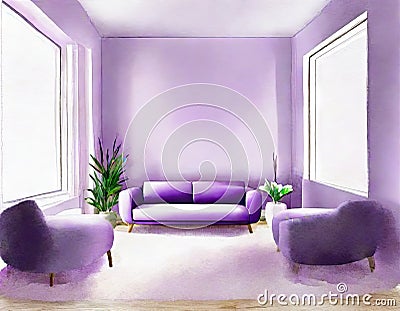 Watercolor of Digital lilac living room with abstract concept Stock Photo