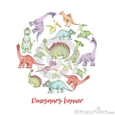 Watercolor dinosaurs banner Cartoon Illustration