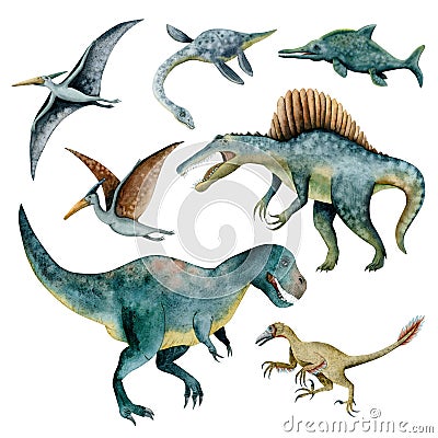 Watercolor dinosaurs illustration set with preditory tyrannosaur, spinosaurus, flying dunosaurs and veloiraptor Cartoon Illustration