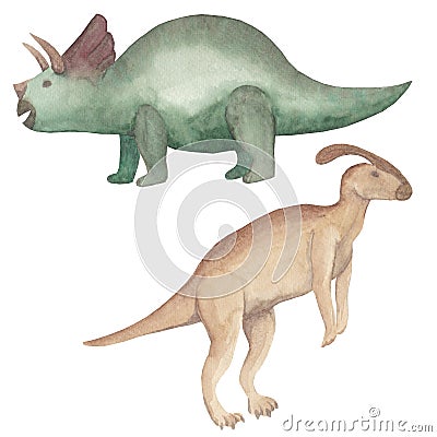 Watercolor dinosaurs Parasaurolophus and Triceraptors Isolated on white background Hand painted illustration Prehistoric Cartoon Illustration