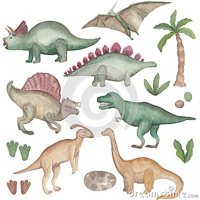 Watercolor dinosaurs set Isolated on white background Hand painted illustration Prehistoric animals clipart Perfect for Cartoon Illustration
