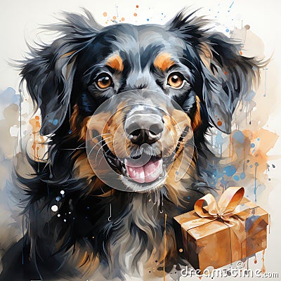 Watercolor dog and gift, festive square postcard. AI generative Stock Photo