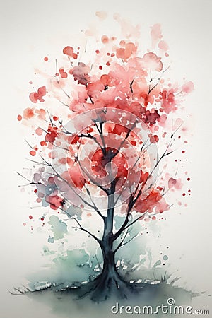 Watercolor Dogwood Tree Painting with Minimalistic Style. Stock Photo