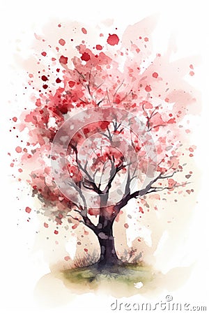Watercolor Dogwood Tree Painting with Minimalistic Style. Stock Photo