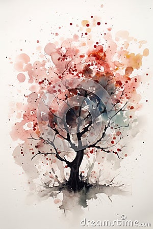 Watercolor Dogwood Tree Painting with a Minimalistic Touch . Stock Photo