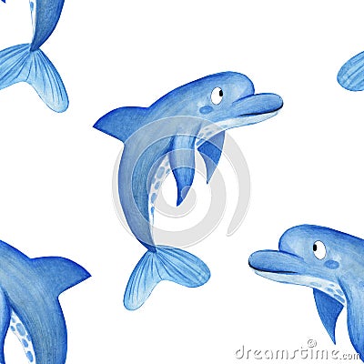 Watercolor dolphin pattern. Hand drawn cartoon background design dolphin on white background. Background for children`s paper, fa Stock Photo