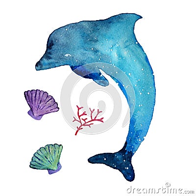 Watercolor dolphin and sea inhabitants, isolated on a white background. Cartoon Illustration