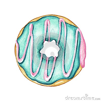Watercolor donut with green mint glaze and pink cream Cartoon Illustration