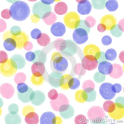 Watercolor dots seamless pattern. Hand drawn circles repeating background. Colorful round shapes backdrop. Yellow, pink Stock Photo