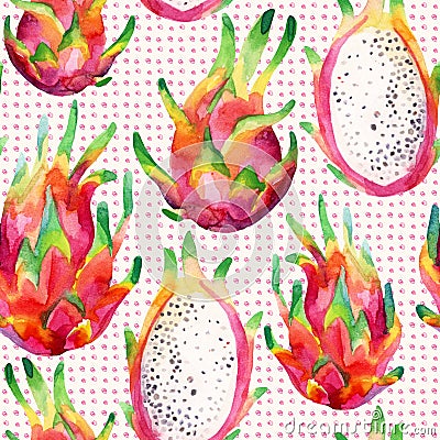 Watercolor dragon fruit seamless pattern on doodle background Cartoon Illustration