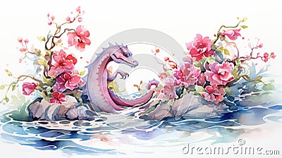 Watercolor Dragon On Sea Shore With Pink Flowers Cartoon Illustration