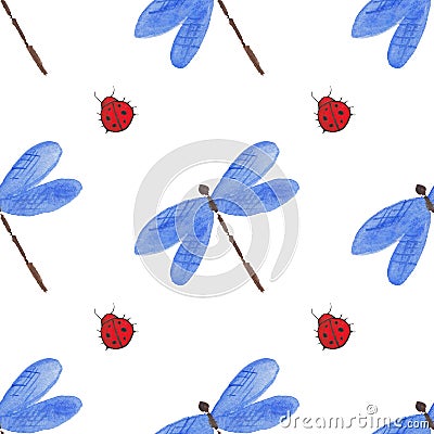 Watercolor dragonfly and ladybug on a white background. Seamless pattern Stock Photo