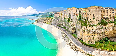 Watercolor drawing of Aerial panoramic view of Tropea town and beach coastline of Tyrrhenian Sea Stock Photo