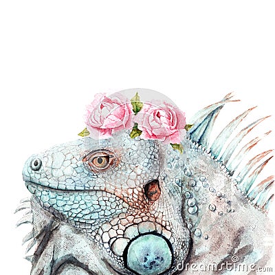 Watercolor drawing of animal - iguana with flowers Stock Photo