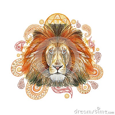 Watercolor drawing of an animal mammal predator, red lion, red mane, lion-king of beasts, portrait of greatness, strength, kingdom Stock Photo