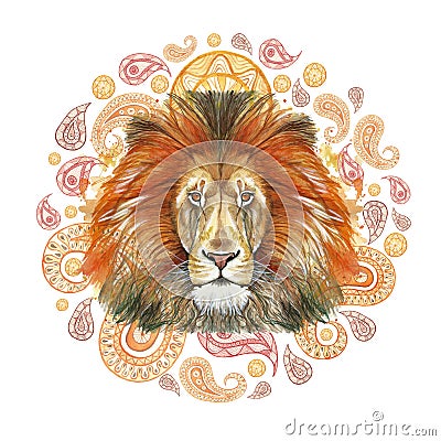 Watercolor drawing of an animal mammal predator, red lion, red mane, lion-king of beasts, portrait of greatness, strength, kingdom Vector Illustration