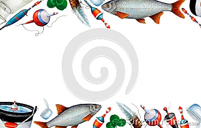 Watercolor drawing banner from various fishing bobblers, fish, buckets, clover leaves, fishing nets, fishing line, bait Stock Photo