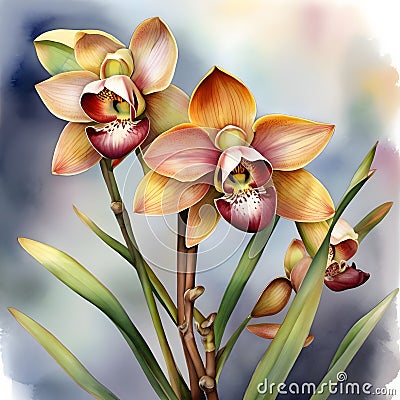 watercolor drawing of beautiful rainbow orchid, on a wintry background. Stock Photo