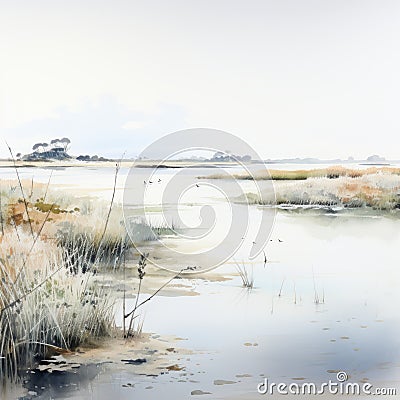 Estuary Marshes: Lively Coastal Landscapes In Watercolor Stock Photo