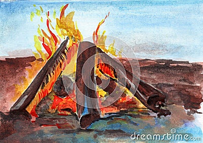 Watercolor drawing of a bright burning bonfire on the background of the sea. Stock Photo