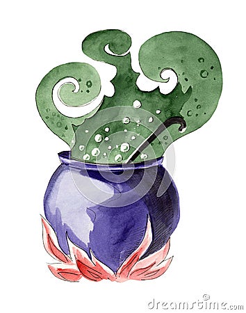 Watercolor drawing of a cauldron with a magic potion Stock Photo