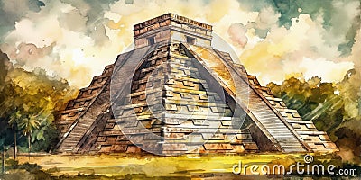 Watercolor drawing of the Chichen Itza monument of the Mayans. Stock Photo