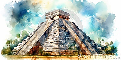 Watercolor drawing of the Chichen Itza monument of the Mayans. Stock Photo