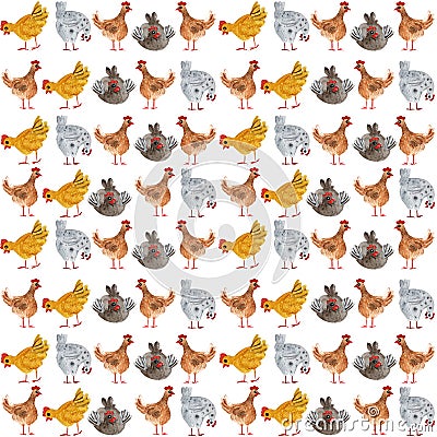 Animal seamless pattern with chicken and rooster. Hand-drawn watercolor illustration, ideal for printing on fabric, packaging. Cartoon Illustration