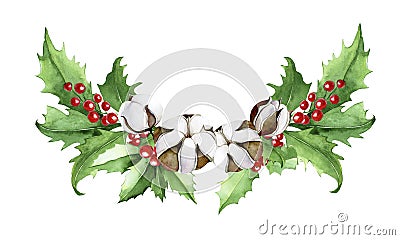 Watercolor drawing Christmas composition, bouquet of holly leaves and berries and cotton flowers. clip art, decoration for new yea Stock Photo