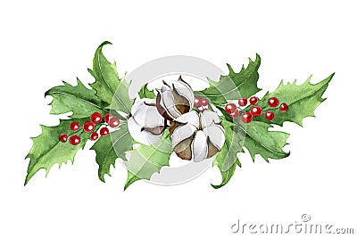 Watercolor drawing Christmas composition, bouquet of holly leaves and berries and cotton flowers. clip art, decoration for new yea Stock Photo