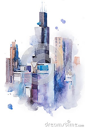 Watercolor drawing cityscape big city downtown, aquarelle painting. Stock Photo