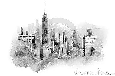 Watercolor drawing cityscape big city downtown, aquarelle painting. Stock Photo