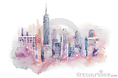 Watercolor drawing cityscape big city downtown, aquarelle painting. Stock Photo