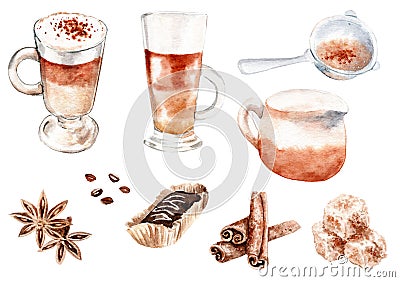 Watercolor drawing coffee set Stock Photo