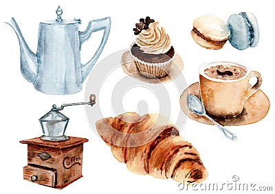 Watercolor drawing coffee set Stock Photo