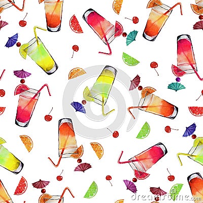 Pattern Watercolor Cocktails and Fruits Stock Photo