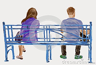 Watercolor drawing of couple casual townspeople sitting on blue park bench on summer day Vector Illustration