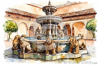 Watercolor drawing of the Court of the Lions of the Alhambra in Granada. Stock Photo
